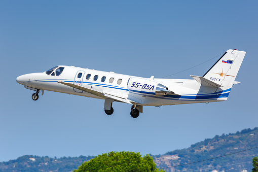 Skiathos, Greece – July 28, 2019: Sky X Airways Cessna 550B Citation airplane at Skiathos airport (JSI) in Greece.