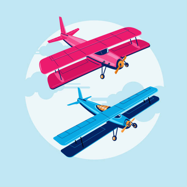 복엽비행기 또는 항공기 명소 세트 - airplane banner biplane retro revival stock illustrations