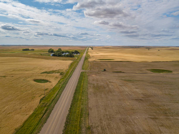 fotografia di droni con riprese aeree al tramonto di strade e campi nel saskatchewan canada hazlet durante il tramonto nei campi estivi dopo la raccolta - manitoba prairie landscape canada foto e immagini stock