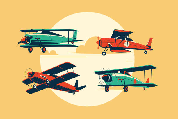 복엽비행기 또는 항공기 명소 세트 - airplane banner biplane retro revival stock illustrations