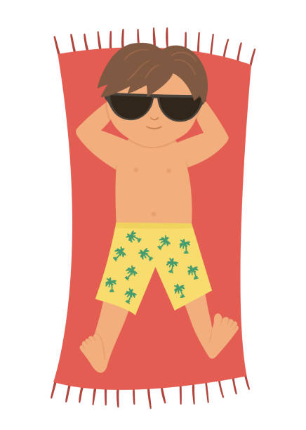 ilustrações de stock, clip art, desenhos animados e ícones de vector kid lying in the sun. child doing beach activity. cute sunbathing boy isolated on white background. fun summer illustration - 2586