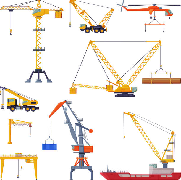 Construction and Cargo Cranes Collection, Heavy Transportation Service Vehicles and Elevating Equipment Flat Vector Illustration Construction and Cargo Cranes Collection, Heavy Transportation Service Vehicles and Elevating Equipment Flat Vector Illustration Isolated on White Background tower crane stock illustrations