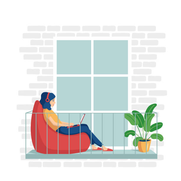 A young woman in home clothes is sitting in a bag with a laptop on the balcony. The concept of remote work from home, distance learning, programming, freelancer. Vector illustration in a flat style. A young woman in home clothes is sitting in a bag with a laptop on the balcony. The concept of remote work from home, distance learning, programming, freelancer. Vector illustration in a flat cartoon style. bean bag illustrations stock illustrations