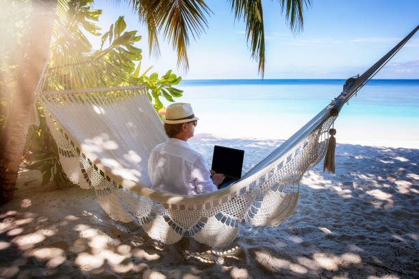 un uomo con il suo portatile si siede su un'amaca sotto le palme su una spiaggia tropicale - hammock beach vacations tropical climate foto e immagini stock