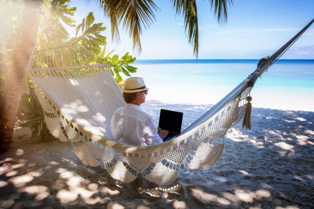 노트북을 들고 열대 해변의 야자수 아래 해먹에 앉아 있는 남자 - hammock beach vacations tropical climate 뉴스 사진 이미지
