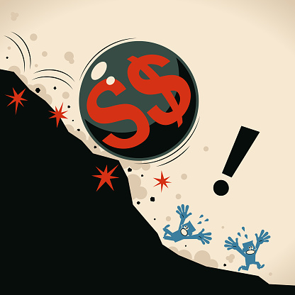 Blue Characters Vector Art Illustration.
Giant iron ball with Singapore Dollars sign falling off a cliff, people screaming and escaping, financial crisis and economic recession concept.
Pandemic and the global economic impact of Coronavirus COVID-19.