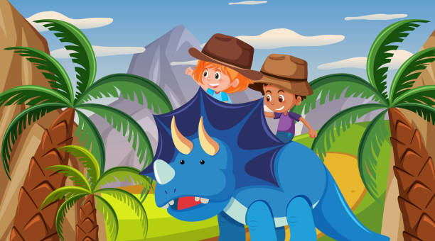 ilustrações de stock, clip art, desenhos animados e ícones de scene with kids riding dinosaur in the park - boyhood