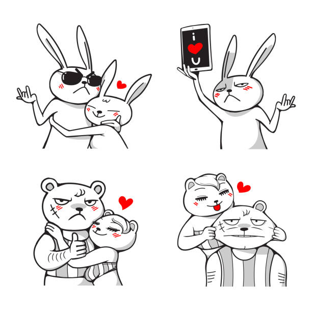 ilustraciones, imágenes clip art, dibujos animados e iconos de stock de pareja oso y conejo amor dulce, estilo de dibujos animados feliz - standing digital tablet couple love