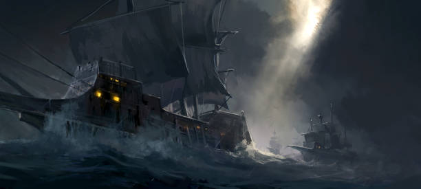 istock Digital painting of ancient warships traveling on rough seas. 1221550847