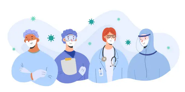 Vector illustration of Medical team against coronavirus, doctors wearing masks and protective suits stand together, team work concept, vector illustration, group of characters, hospital staff, covid-19 med aid
