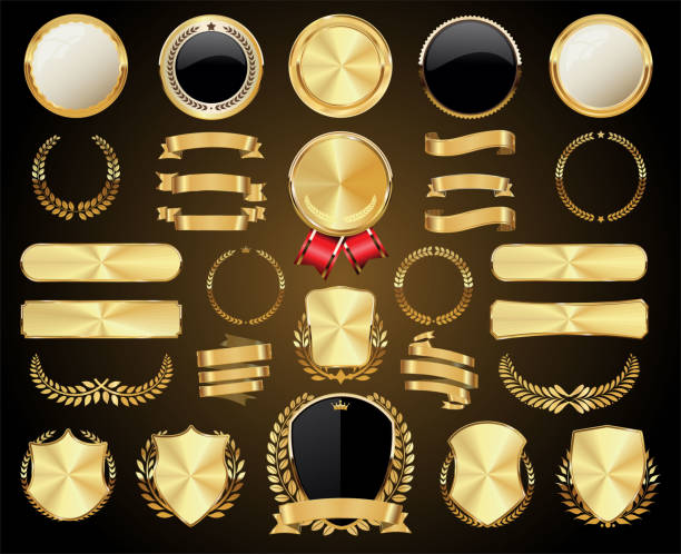 коллекция золотых значков этикетки лавровый щит и металлические пластины - award badge label computer icon stock illustrations