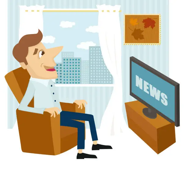Vector illustration of Man watching news at home on TV