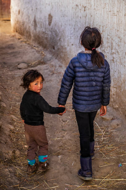 Two Tibetan young girls from Lo Manthang, Upper Mustang. Mustang region is the former Kingdom of Lo and now part of Nepal,  in the north-central part of that country, bordering the People's Republic of China on the Tibetan plateau between the Nepalese provinces of Dolpo and Manang.