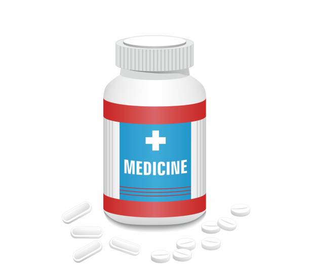 бутылка медицины с двумя разными таблетками. векторная иллюстрация. - medicine cabinet prescription pill bottle medicine stock illustrations