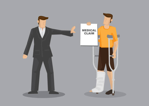 Insurer Denies Medical Claim from Patient with Leg Injury Vector Cartoon Illustration Cartoon man character with crutches and plastered leg denied medical claim by businessman. Vector illustration on medical insurance concept isolated on grey background. insurer stock illustrations