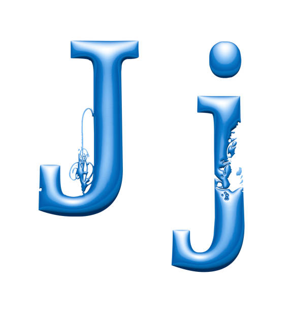 ブルーメタリックアルファベット、エンボス形状、文字j、3dイラスト - letter j alphabet metal three dimensional shape ストックフォトと画像