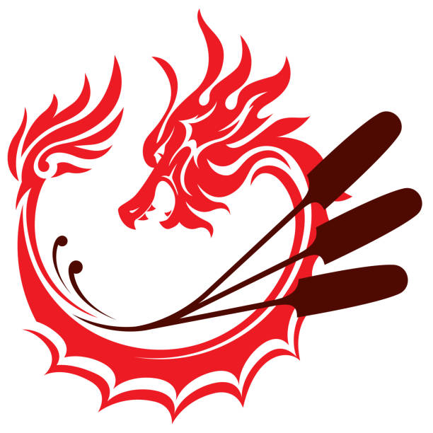 ilustrações, clipart, desenhos animados e ícones de design gráfico dragon segurando design de logotipo de pá - grapic