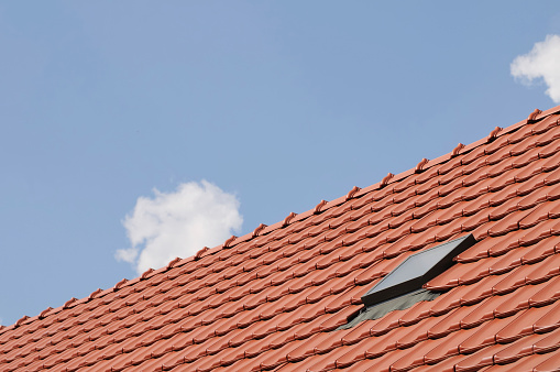 Close-up view of terracotta ceramic tile roof