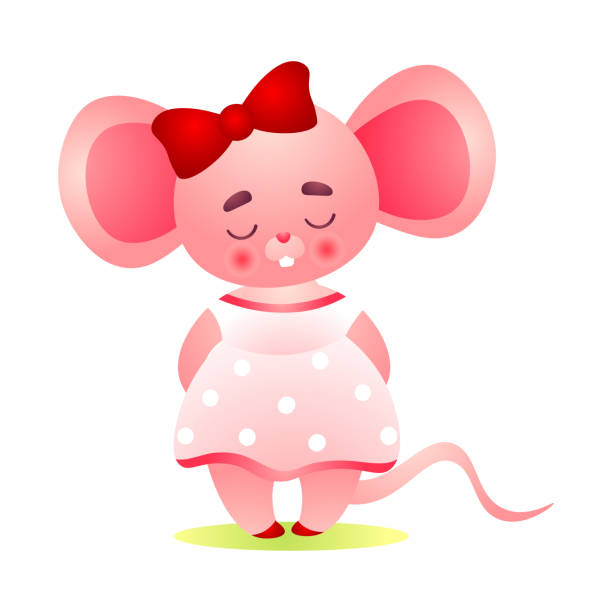 ilustrações, clipart, desenhos animados e ícones de feliz e tímida personagem de rato rosa com um laço vermelho na cabeça em pé em um vestido bonito. ilustração vetorial no estilo de desenho animado plano. - mouse computer mouse pets white background