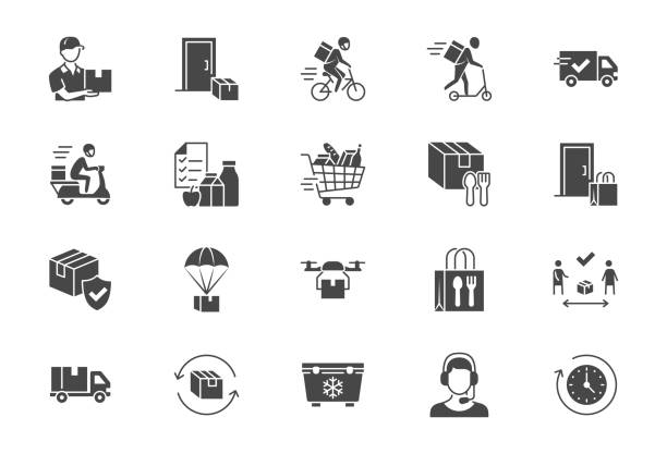 Food delivery flat icons. Vector illustration included icon as coutier on bike, door contactless delivering, grocery list black silhouette pictogram for fast distribution Food delivery flat icons. Vector illustration included icon as coutier on bike, door contactless delivering, grocery list black silhouette pictogram for fast distribution. truck silhouettes stock illustrations