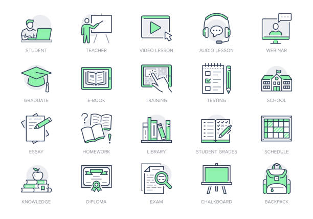 çevrimiçi eğitim hattı simgeleri. vektör illüstrasyon internet, video, okul, colledge, üniversite trainig için ses kişisel çalışma anahat pictogram olarak simge dahil. yeşil renk, editable stroke - train stock illustrations