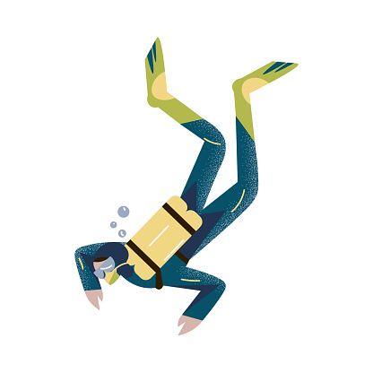 Scuba diver swimming underwater and diving deep in deep-sea or ocean. Vector illustration in the flat cartoon style.
