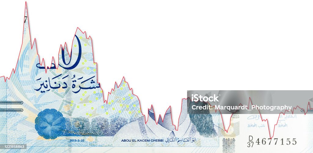 10 tunisian dinar bank note new edition decline graph indicating exchange rate with copyspace Banking Stock Photo