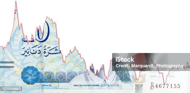 10 Tunisian Dinar Bank Note New Edition Decline Graph Indicating Exchange Rate With Copyspace Stock Photo - Download Image Now