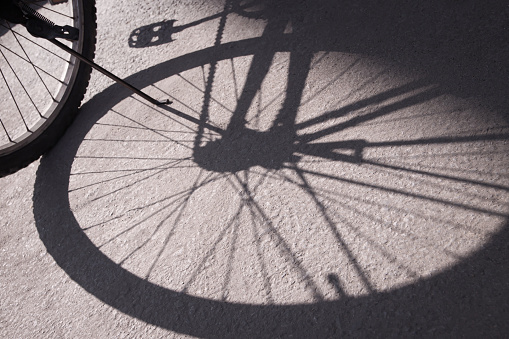 Shadow of bicycle wheels on the road surface.