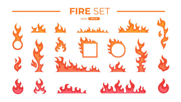 Fire flame set isolated. Icons. Flat style vector illustration. Flame, fire, torch, campfire. Cute cartoon design. Orange and yellow colors. Realistic template. Fire flame set isolated. Icons. Flat style vector illustration. Flame, fire, torch, campfire. Cute cartoon design. Orange and yellow colors. Realistic template. flame borders stock illustrations
