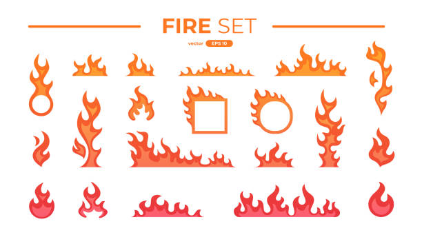 Fire flame set isolated. Icons. Flat style vector illustration. Flame, fire, torch, campfire. Cute cartoon design. Orange and yellow colors. Realistic template. Fire flame set isolated. Icons. Flat style vector illustration. Flame, fire, torch, campfire. Cute cartoon design. Orange and yellow colors. Realistic template. Bang stock illustrations