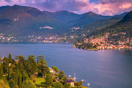 Moltrasio on Lake Como and Torno on the other side at sunset - Lombardy, Italy