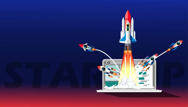 istock laptop and rocket - creative illustration of business startup new ideas concept vector. 1221563462