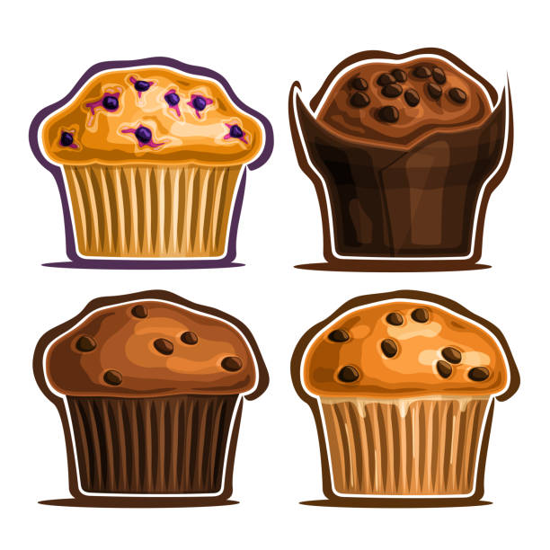 ilustraciones, imágenes clip art, dibujos animados e iconos de stock de conjunto vectorial de magdalenas variadas - muffin blueberry muffin cake pastry