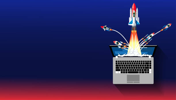 istock laptop and rocket - creative illustration of business startup new ideas concept vector. 1221563521
