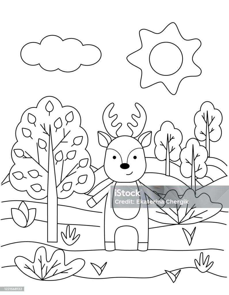 Cute Coloring Book With Funny Deer Sun Grass Trees For The