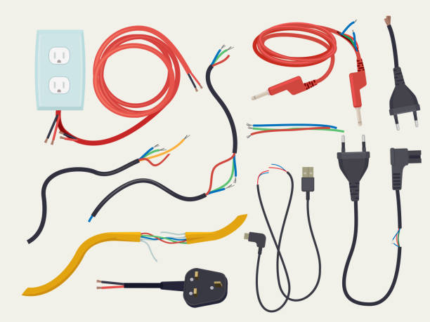 ilustrações de stock, clip art, desenhos animados e ícones de electric problem. damaged communication cable with plug broken connection cut electrical signal vector - electric plug electricity power cable