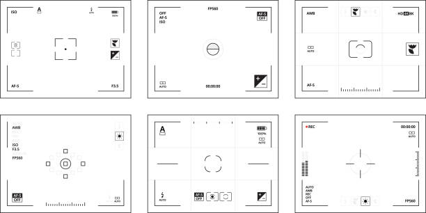 ilustraciones, imágenes clip art, dibujos animados e iconos de stock de visor de la cámara. plantilla de interfaz dslr ui con pictogramas lente enfocada videos colección vectorial - lens camera focus photography