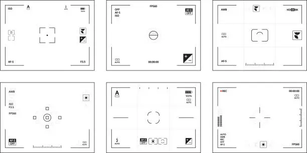 Vector illustration of Camera viewfinder. Dslr ui interface template with pictograms lens focused videos vector collection