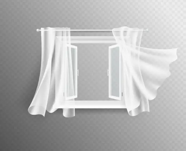 Vector illustration of Open window. White frame with glass and curtains. Interior design, isolated windows decorated flying silk transparent fabric. Realistic 3d vector illustration