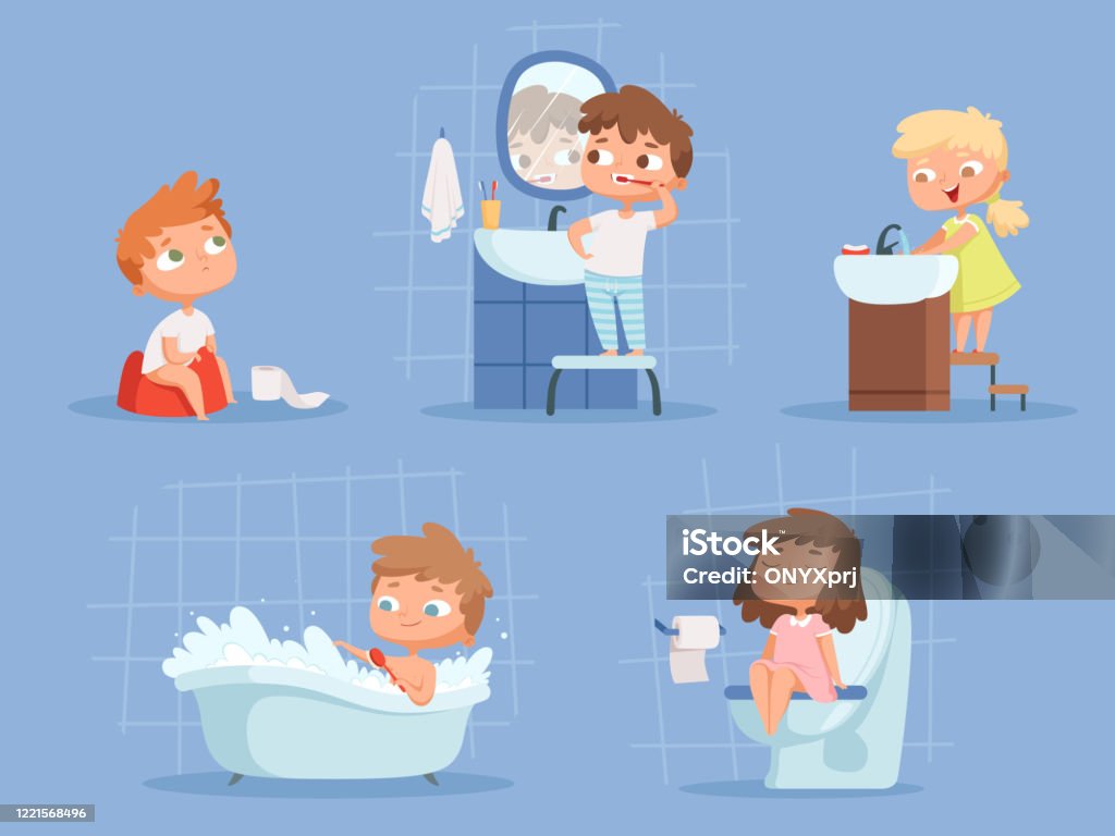 Kids Bathing Hygiene For Children Clean Teeth Morning Routine Hand Washing  Vector Cartoon People Stock Illustration - Download Image Now - iStock