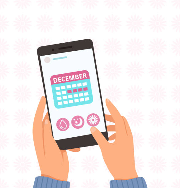 menstruationskalender. online-frauen-zyklus-app. hände halten smartphone mit monat planer vektor-illustration - ovulation stock-grafiken, -clipart, -cartoons und -symbole