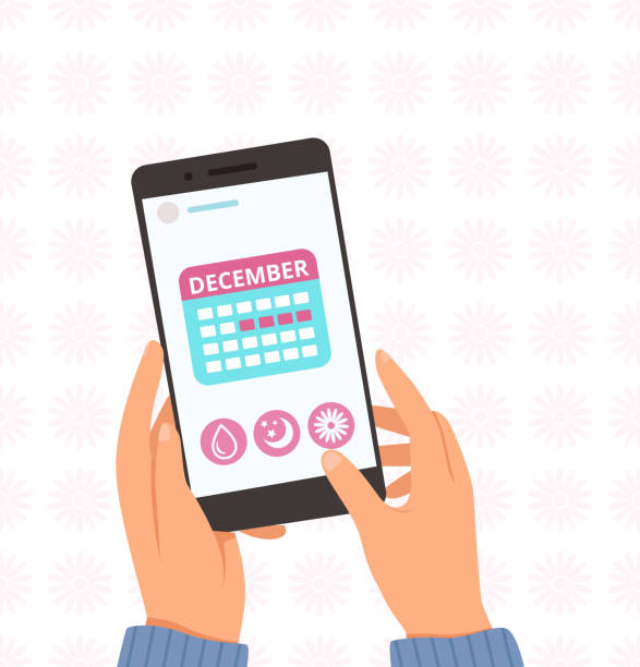 ilustrações, clipart, desenhos animados e ícones de calendário menstrual. aplicativo de ciclo feminino on-line. mãos seguram smartphone com ilustração de vetores planejador de meses - ovulation