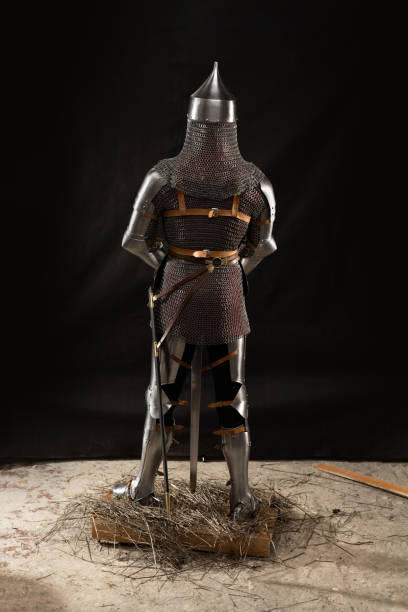 istock Mannequin man with a beard in a helmet and armor of a knight 1221568663