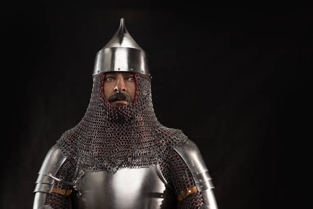 istock Mannequin man with a beard in a helmet and armor of a knight 1221568940