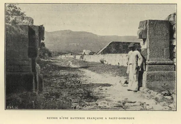 Vintage photograph of Ruins of a French battery in Santo Domingo, 19th Century