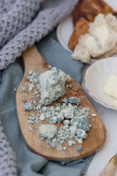Vertical image of blue lamb cheese placed on a wooden olive board served with butter and bread.