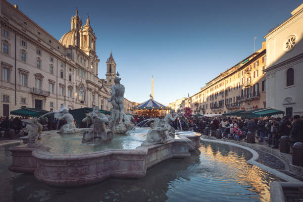 1896년 이탈리아 로마 나보나 광장에 지어진 고대 독일 말 회전목마 - piazza navona 뉴스 사진 이미지