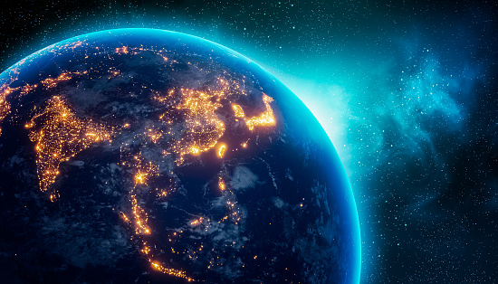 City lights of Central and East Asia continent at night from outer space. 3D rendering illustration. Earth map texture provided by Nasa Earth map texture provided by Nasa from https://visibleearth.nasa.gov/collection/1484/blue-marble?page=2. Energy consumption, electricty, industry, power supply, ecology concepts.