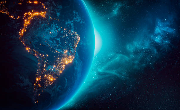 городские огни южноамериканских континентов ночью из космоса 3d-иллюстрация. текстура карты земли предоставлена наса. потребление энергии, - globe earth space high angle view стоковые фото и изображения